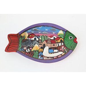 Vintage Talavera Fish Folk Art Tonal Fish Plate Mexican Wall Hanger Pottery